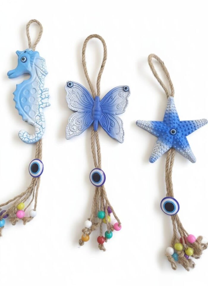 3'Lü Deniz Atı Yıldız Kelebek Nazar Boncuklu Jüt İpli Teras Bahçe Balkon Yazlık Duvar Süsü Seti