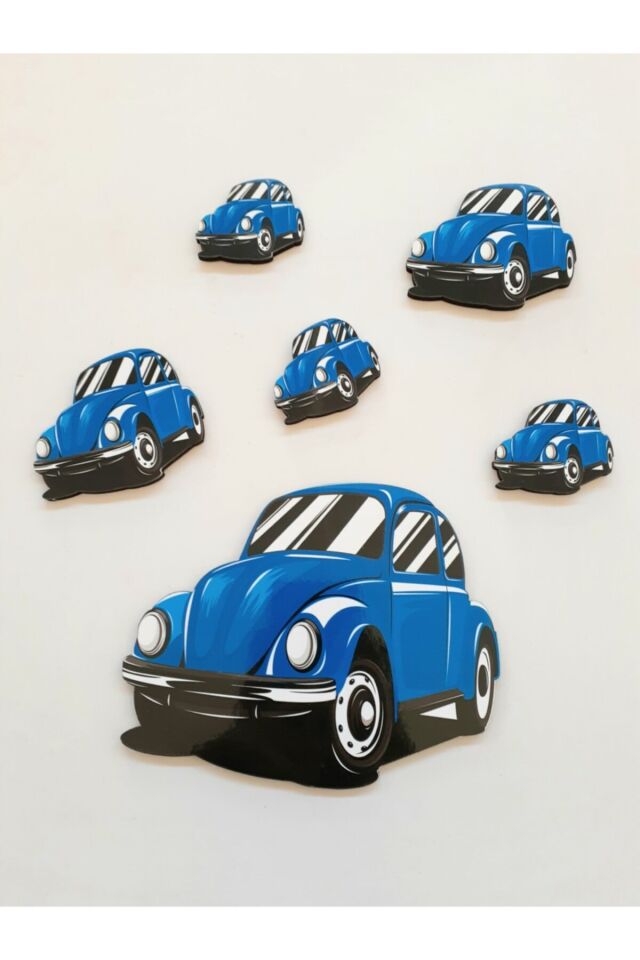 Woswos Araba Figürlü 6 Parça Mavi Ahşap Duvar Yapıştırma Süsü