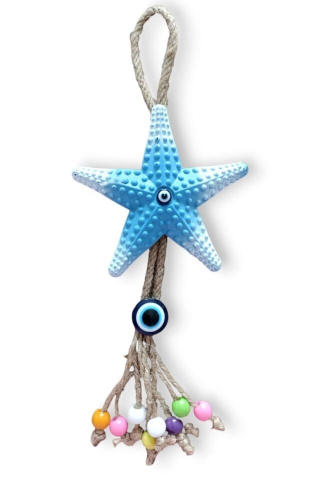 Mavi Deniz Yıldızı Figürlü Nazar Boncuklu Jüt Ipli Teras Bahçe Balkon Duvar Süsü Duvar Dekorasyon