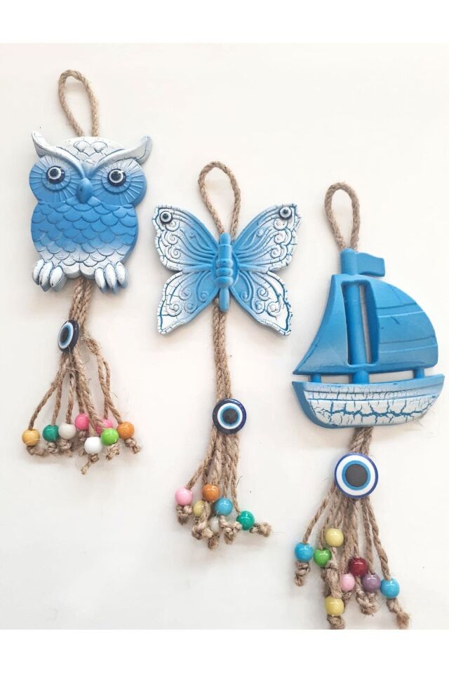 3'Lü Baykuş Kelebek Yelken Figürlü Nazar Boncuklu Jüt İpli Teras Bahçe Balkon Yazlık Duvar Süsü Seti