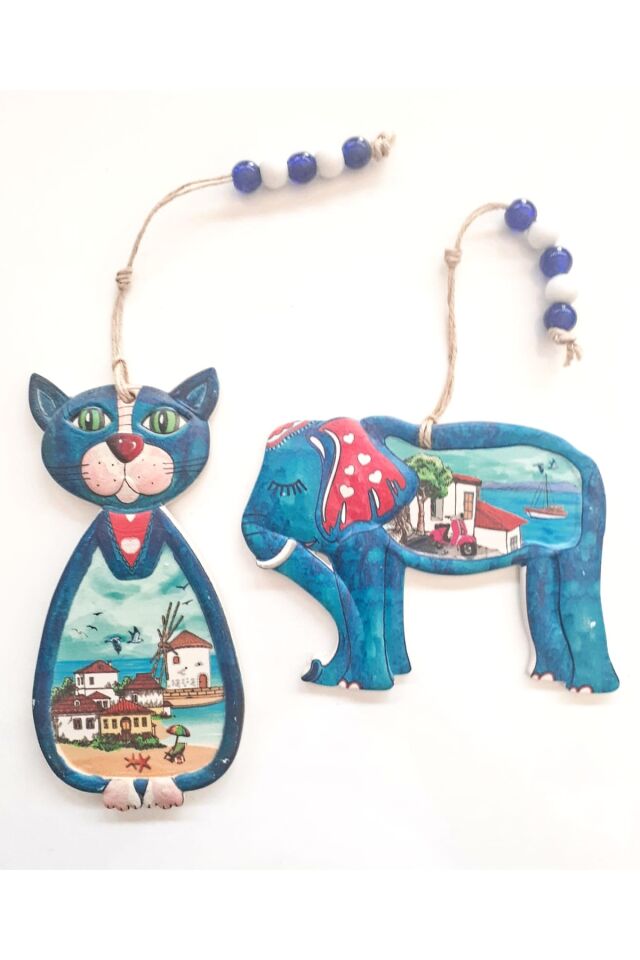 2'Li Kedi Ve Fil Figürlü Nazar Boncuklu Jüt İpli Teras Bahçe Balkon Yazlık Duvar Dekorasyon Süsü