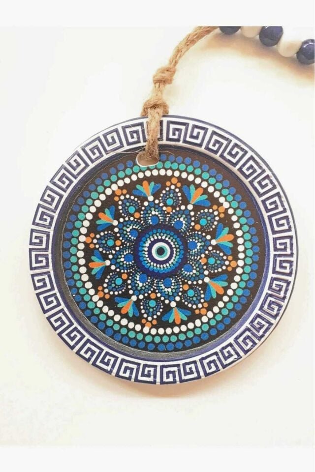 Yuvarlak Nazar Figürlü Nazar Boncuklu Jüt İpli Teras Bahçe Balkon Yazlık Duvar Dekorasyon Süsü