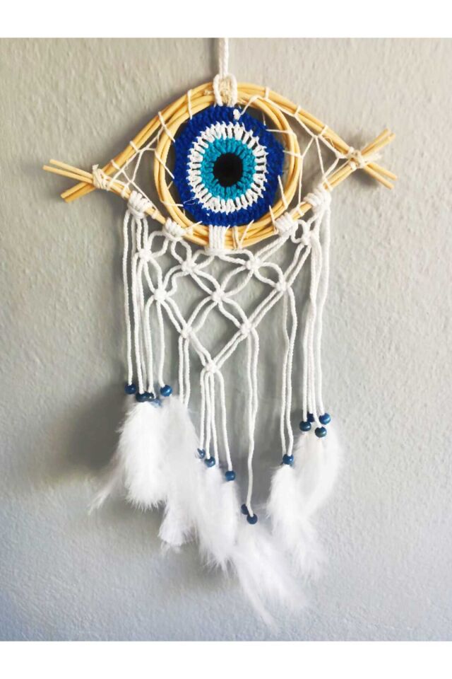 Göz Makrome Nazar Boncuk Motifli Tüylü Düş Kapanı Kapı Bahçe Balkon Teras Duvar Dekorasyon Süsü