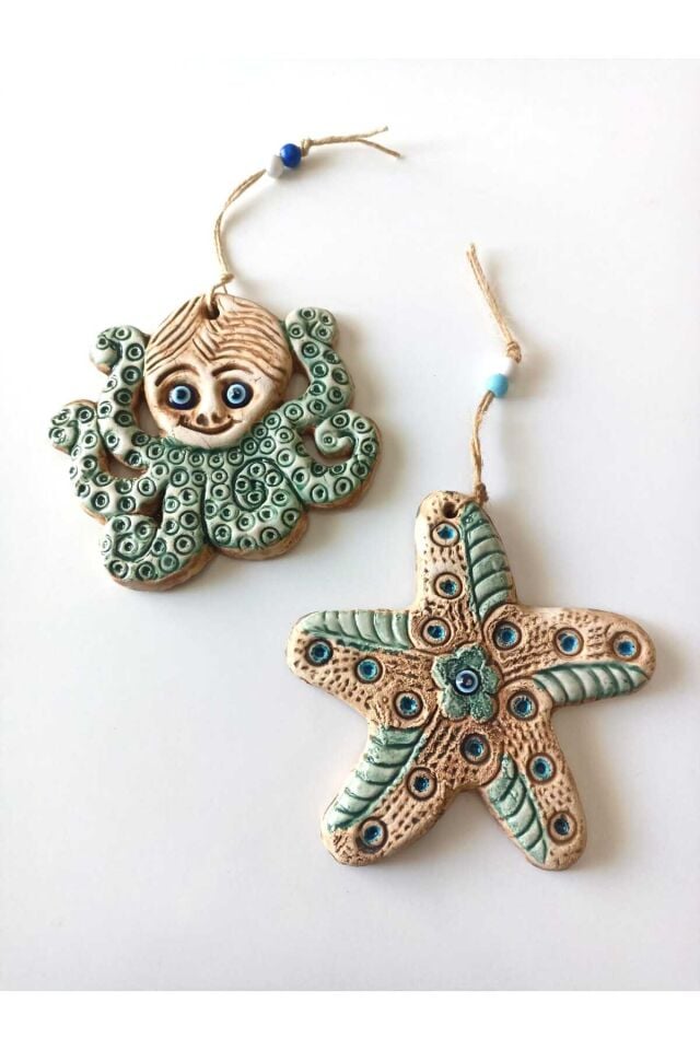 İkili Ahtapot ve Deniz Yıldızı Figürlü Nazar Boncuklu Kapı Bahçe Balkon Teras Duvar Dekorasyon Süsü