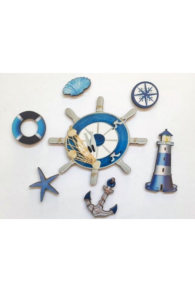 Çapa Dümen Denizci Temalı 7 Parça Ahşap Duvar Yapıştırma Süsü Duvar Dekorasyon